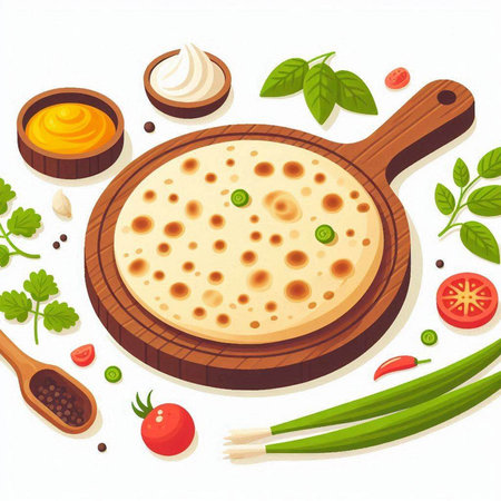 Illustration of pizza on wooden board with herbs and spices on white backgroundのイラスト素材