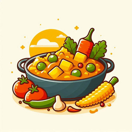 Vegetarian food. Vector illustration of a bowl of chickpeas, peas, carrots, tomatoes, sweet corn and chili pepper.のイラスト素材