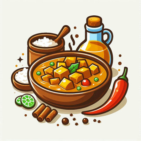 Illustration of a bowl of Indian curry with spices and ingredients.のイラスト素材