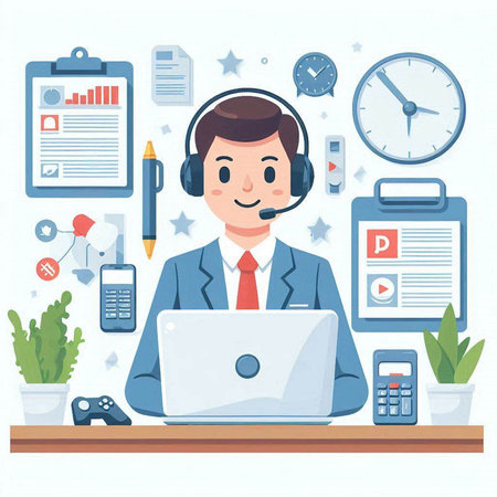 Businessman with headset working on laptop. Flat style vector illustration.のイラスト素材
