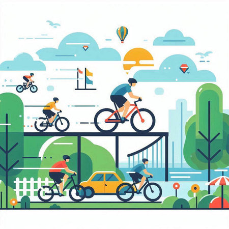 Cyclists riding bicycles in the park. Flat vector illustration.のイラスト素材
