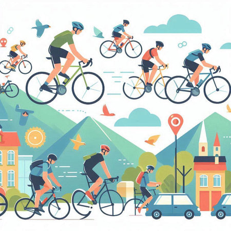 Cyclists in the city. Flat design vector illustration. Concept for web banners and promotional materials.のイラスト素材