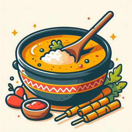 Soup in bowl with wooden spoon and bamboo sticks. Vector illustration.のイラスト素材