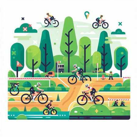 Cyclists riding in the park flat vector illustration. Outdoor activity, healthy lifestyle.のイラスト素材