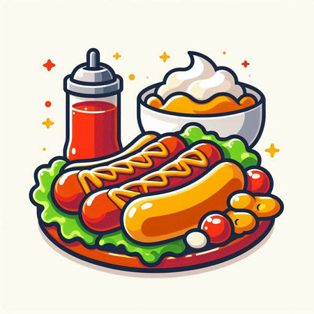 Hot dog with mustard, ketchup and mayonnaise vector illustrationのイラスト素材