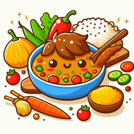 Illustration of a bowl of vegetable soup with a spoon and ingredients on a white backgroundのイラスト素材