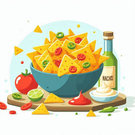 Mexican nachos in bowl with sauce and ingredients. Vector illustrationのイラスト素材