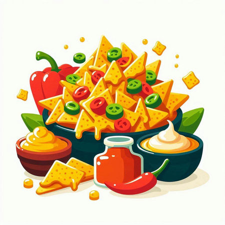 Vector illustration of nachos with salsa sauce, guacamole and cheese.のイラスト素材