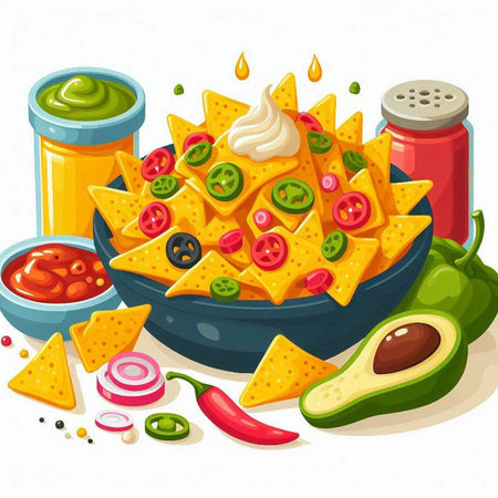 Nachos in bowl with guacamole sauce and ingredients.のイラスト素材