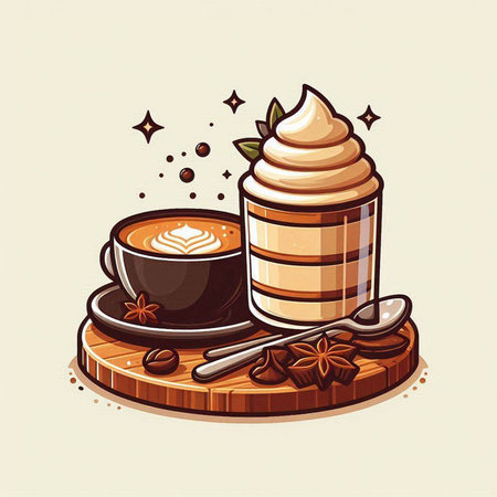 Coffee cup with whipped cream and coffee beans. Vector illustration.のイラスト素材