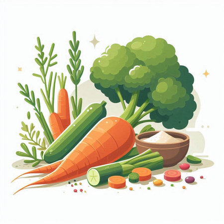 Vector illustration of fresh vegetables. Carrot, celery, onion, broccoli, tomato, pepper, parsley, oregano.のイラスト素材