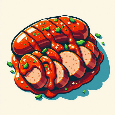 Sausage on a plate with tomato sauce. Vector illustration.のイラスト素材