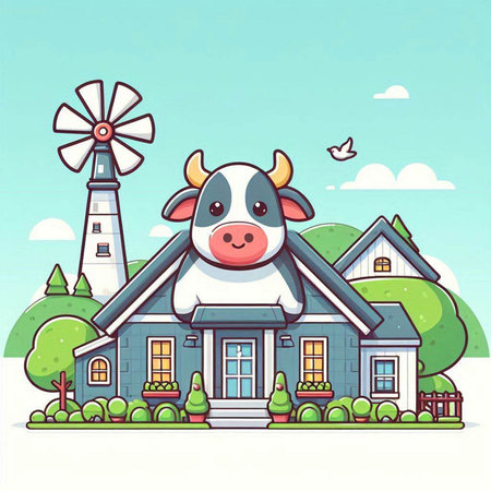 Cute cartoon cow in front of a farm house. Vector illustration.のイラスト素材