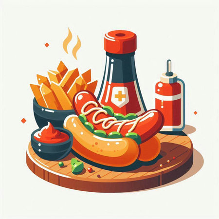 Hot dog with french fries and sauce. Vector illustration in flat styleのイラスト素材