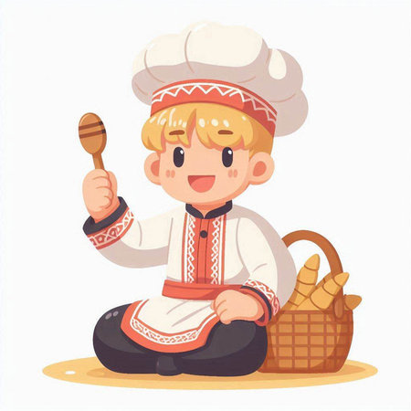 Cute little boy dressed as a cook sitting on the floor with a wooden spoon and a basket of breadのイラスト素材