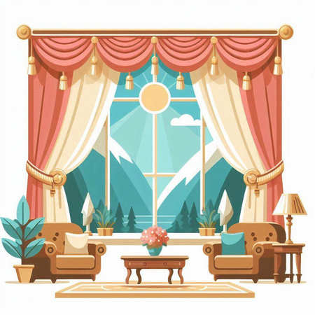 Curtains and armchairs in the living room. Vector illustrationのイラスト素材