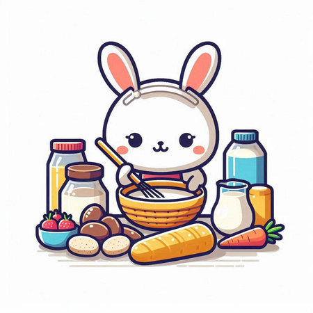 Cute bunny with food. Vector illustration of a cute rabbit.のイラスト素材