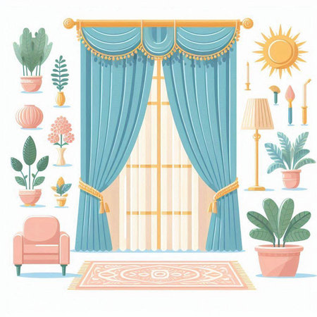 Curtains and interior elements. Vector illustration in cartoon style.のイラスト素材