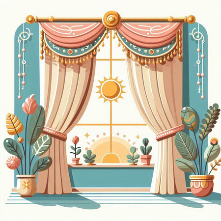 Vector illustration of a window with curtains, flowers and sun in the backgroundのイラスト素材