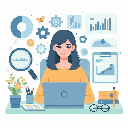 Young woman working on laptop at office. Vector illustration in flat styleのイラスト素材