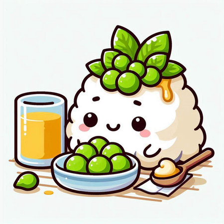 Cute cartoon rice ball with green fruits and a glass of juiceのイラスト素材