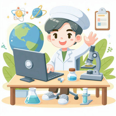 Cartoon little boy in lab coat and cap working on laptop computerのイラスト素材