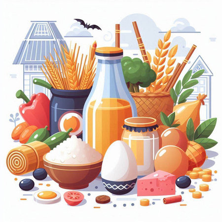 Grocery products. Healthy food and drink. Vector illustration.のイラスト素材