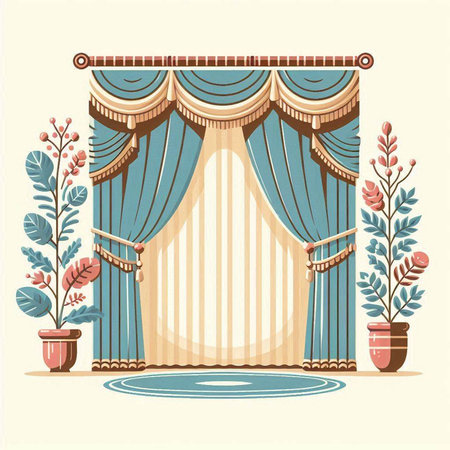 Theater stage with curtains and plants. Vector illustration in cartoon style.のイラスト素材