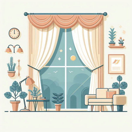 Curtains in the interior of the living room. Vector illustrationのイラスト素材