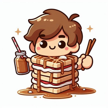 Illustration of a Cute Boy Eating a Slice of Cakeのイラスト素材