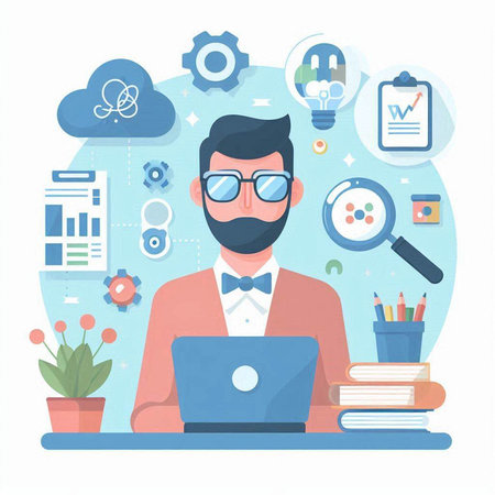 Businessman working on laptop in office. Vector illustration in flat styleのイラスト素材