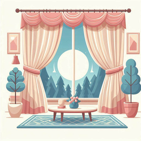 Curtains on the window. Vector illustration in flat style.のイラスト素材