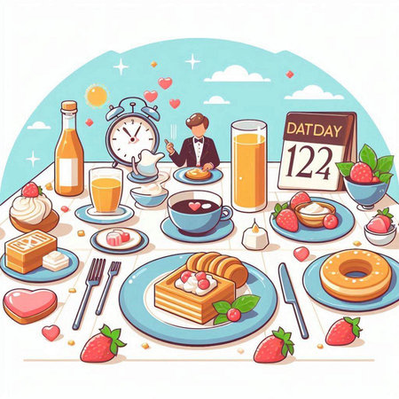 Vector illustration of breakfast with coffee, cake, donut, juice, jam, croissant, milk and strawberry.のイラスト素材