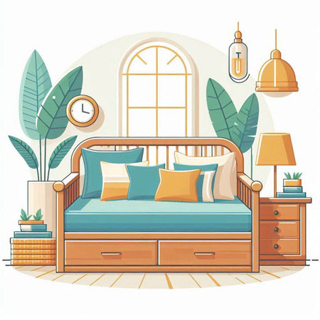 Vector illustration of cozy bedroom interior with bed, lamp and plants.のイラスト素材