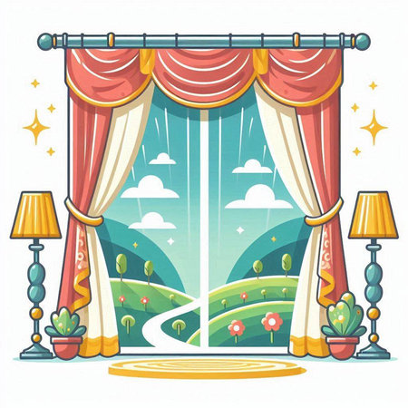 Curtains with a view of the landscape. Vector illustration.のイラスト素材