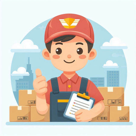 Courier in uniform holding clipboard and showing thumbs up. Vector illustrationのイラスト素材