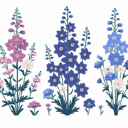 Hand drawn illustration with blue and pink delphinium flowers.のイラスト素材