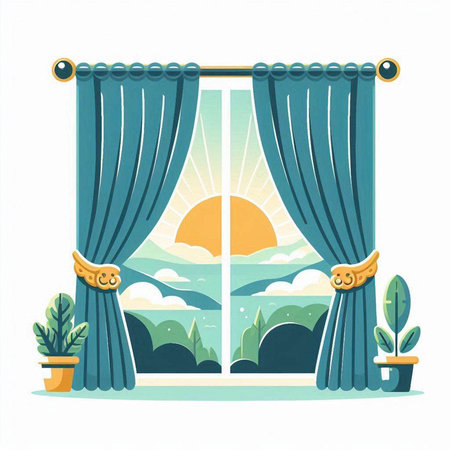 Window with curtains, sun and mountain view. Cartoon vector illustration.のイラスト素材