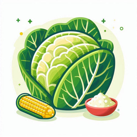 Illustration of fresh green savoy cabbage with corn cob and saltのイラスト素材