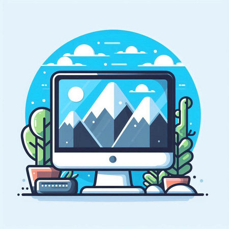Modern vector illustration of a flat design of a computer screen with a picture of mountains and cloudsのイラスト素材