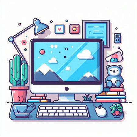 Computer with different icons on white background. Vector illustration in flat style.のイラスト素材