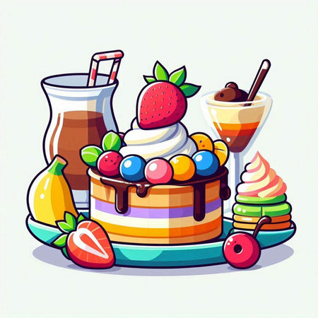 Cake with fruit and ice cream. Vector illustration in cartoon styleのイラスト素材