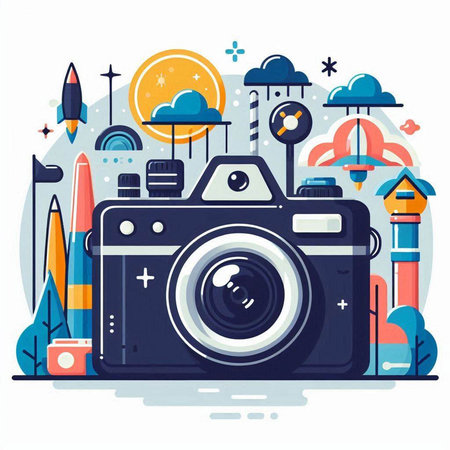 Vector illustration of a flat design of a retro camera with a set of travel itemsのイラスト素材