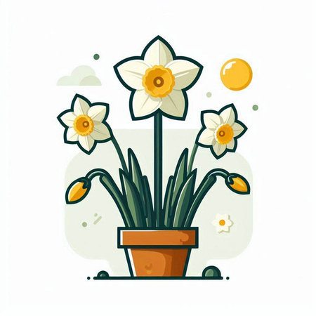 Narcissus flowers in pot. Vector illustration in flat styleのイラスト素材
