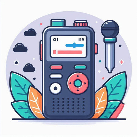 Vector illustration of a music player with headphones, microphone and leaves.のイラスト素材