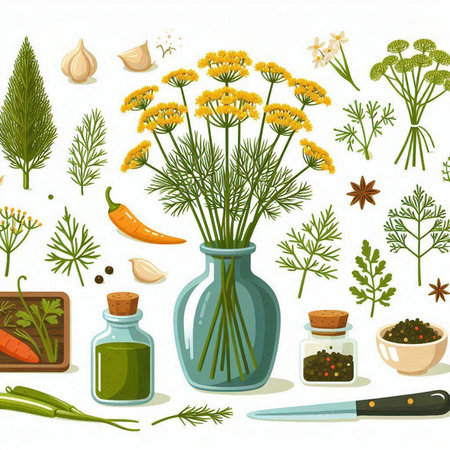 Dill, garlic, pepper, parsley and spices. Vector illustration.のイラスト素材