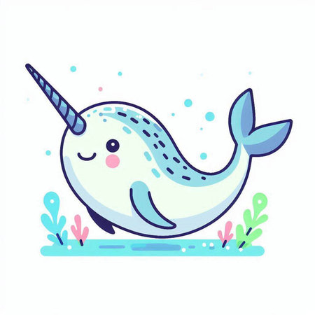 Cute cartoon narwhal with unicorn horn. Vector illustration.のイラスト素材