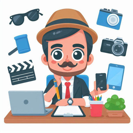 Vector cartoon style illustration of hipster man working with laptop, smartphone, camera and notebook. Isolated on white background.のイラスト素材