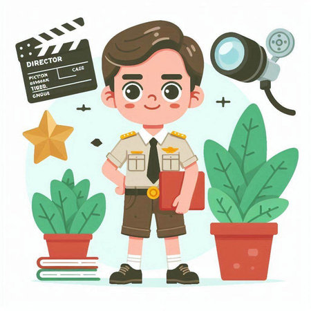 Cute boy scout cartoon character vector illustration. Cute little boy scout with book, camera and clapper board.のイラスト素材