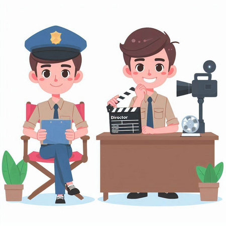 Policeman and boy with movie clapper board. Vector illustration.のイラスト素材